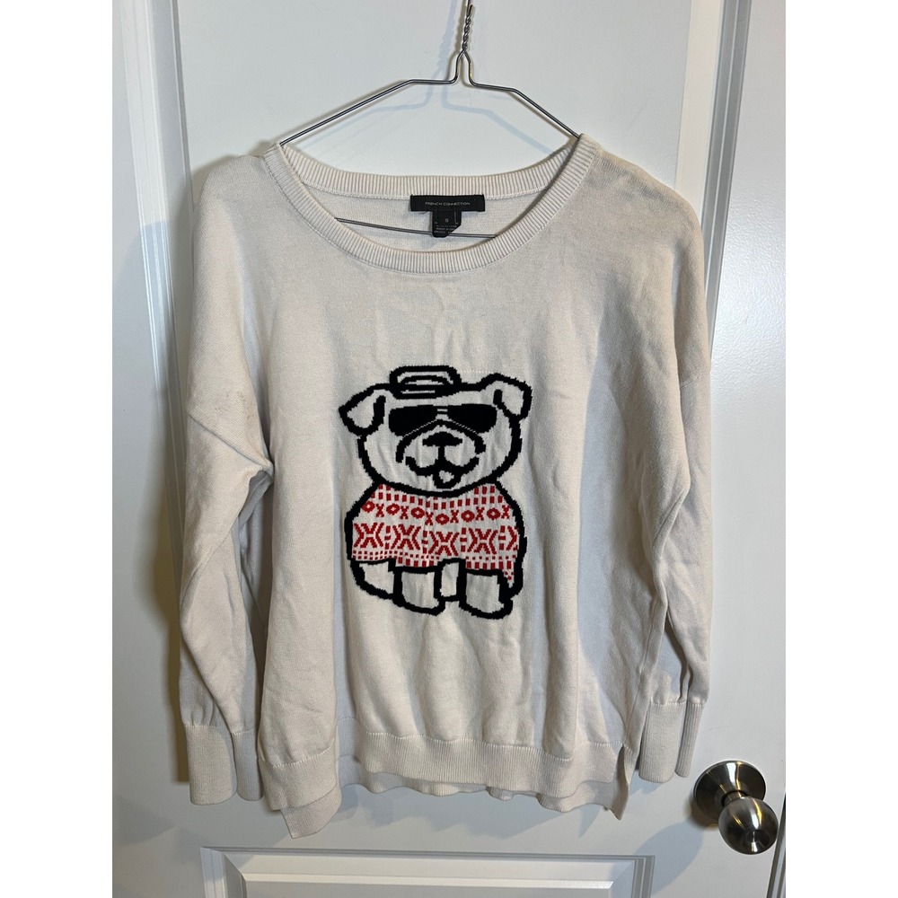 French Connection Womens Sweater Graphic Bulldog Cream Small